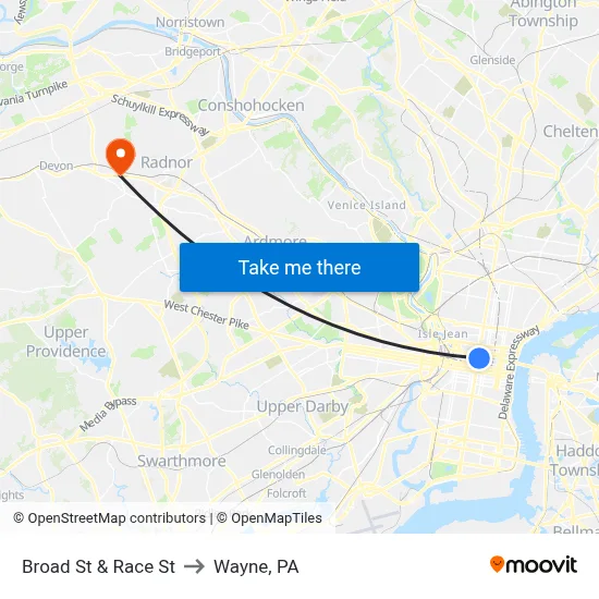 Broad St & Race St to Wayne, PA map