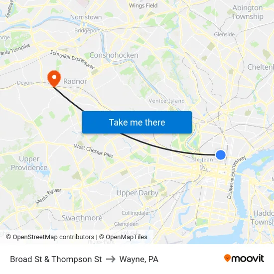 Broad St & Thompson St to Wayne, PA map
