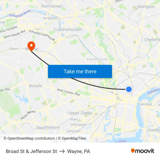 Broad St & Jefferson St to Wayne, PA map