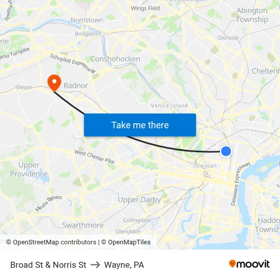 Broad St & Norris St to Wayne, PA map