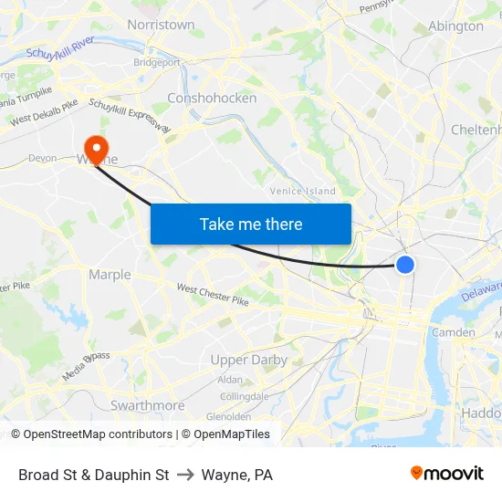 Broad St & Dauphin St to Wayne, PA map