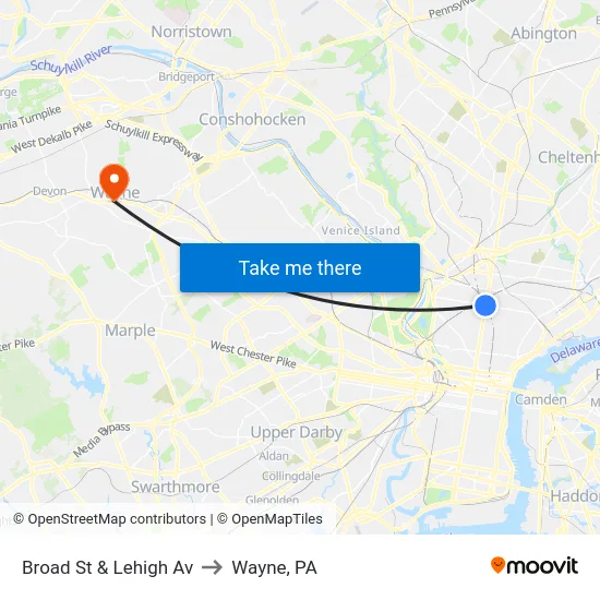 Broad St & Lehigh Av to Wayne, PA map