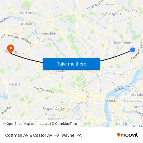 Cottman Av & Castor Av to Wayne, PA map