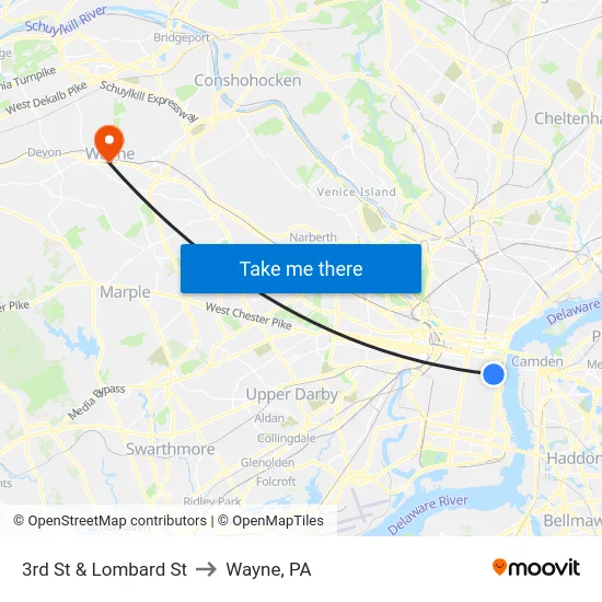 3rd St & Lombard St to Wayne, PA map