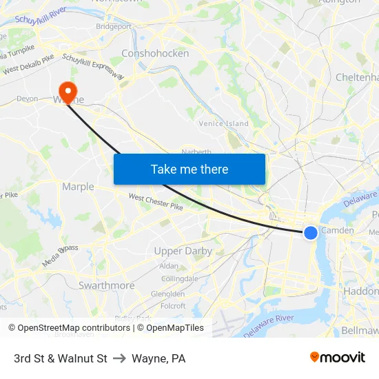 3rd St & Walnut St to Wayne, PA map