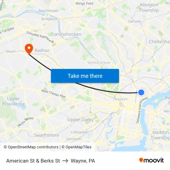 American St & Berks St to Wayne, PA map