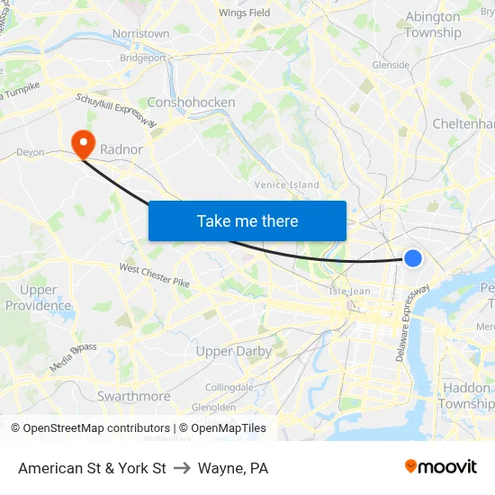 American St & York St to Wayne, PA map