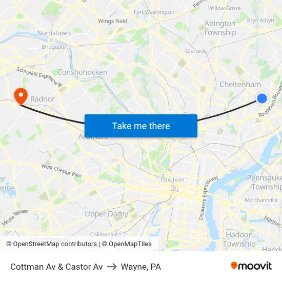 Cottman Av & Castor Av to Wayne, PA map
