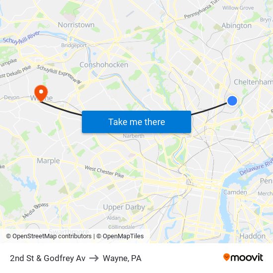 2nd St & Godfrey Av to Wayne, PA map