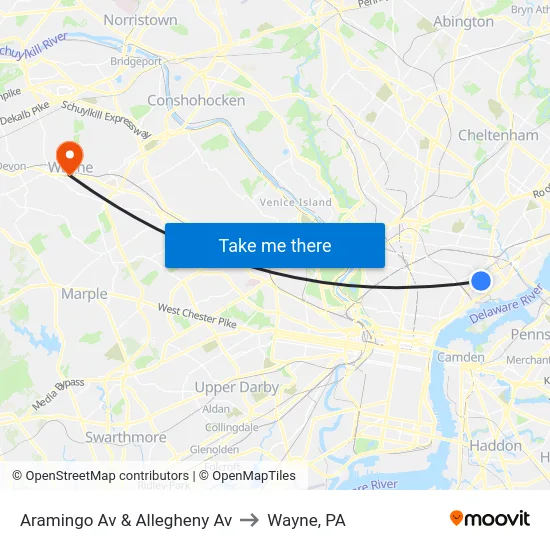 Aramingo Av & Allegheny Av to Wayne, PA map