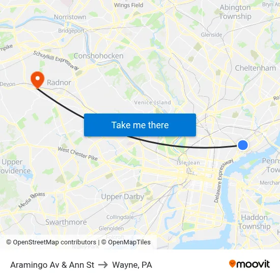 Aramingo Av & Ann St to Wayne, PA map