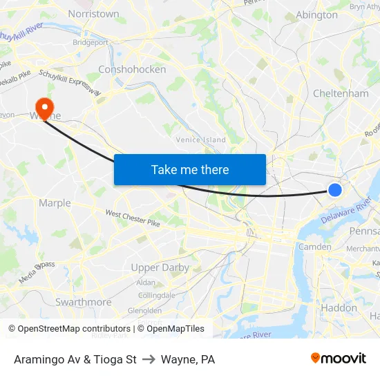 Aramingo Av & Tioga St to Wayne, PA map