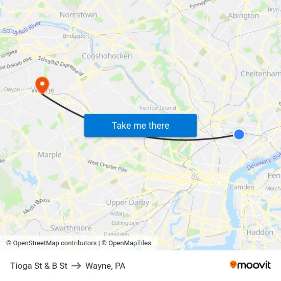 Tioga St & B St to Wayne, PA map