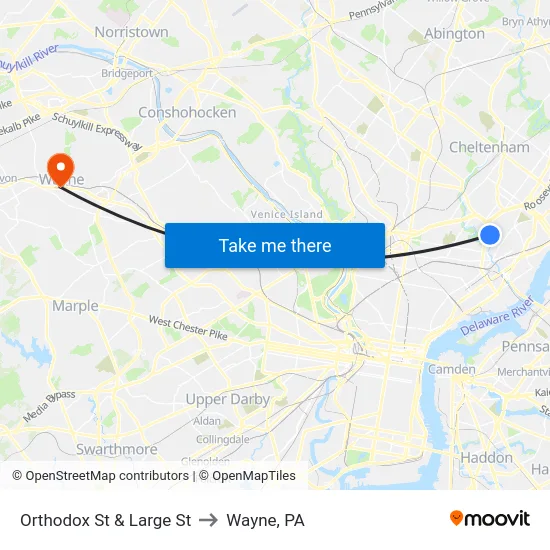 Orthodox St & Large St to Wayne, PA map