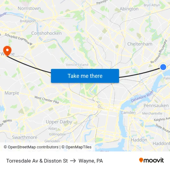 Torresdale Av & Disston St to Wayne, PA map