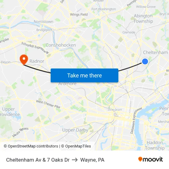 Cheltenham Av & 7 Oaks Dr to Wayne, PA map