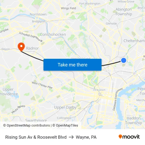 Rising Sun Av & Roosevelt Blvd to Wayne, PA map