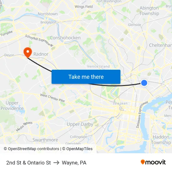 2nd St & Ontario St to Wayne, PA map