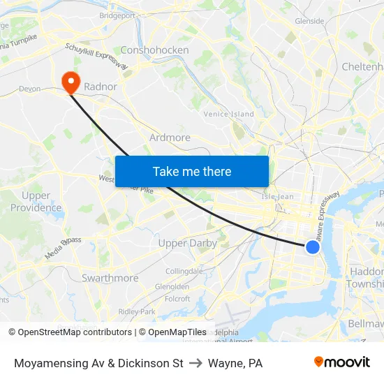 Moyamensing Av & Dickinson St to Wayne, PA map