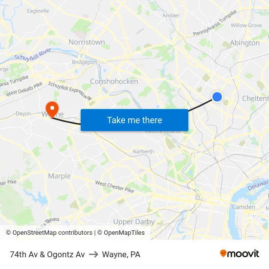 74th Av & Ogontz Av to Wayne, PA map