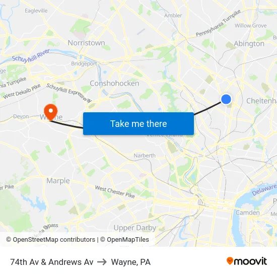 74th Av & Andrews Av to Wayne, PA map