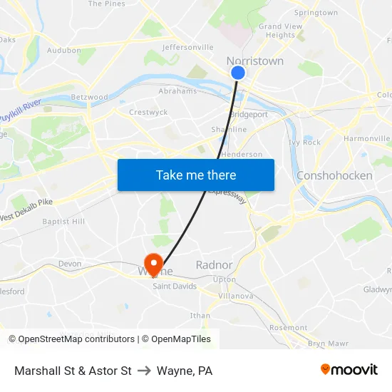 Marshall St & Astor St to Wayne, PA map