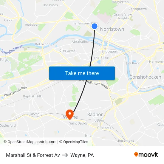 Marshall St & Forrest Av to Wayne, PA map