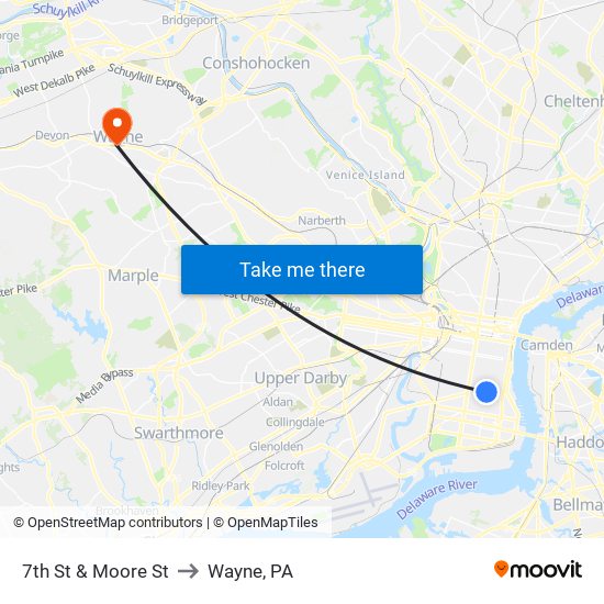 7th St & Moore St to Wayne, PA map