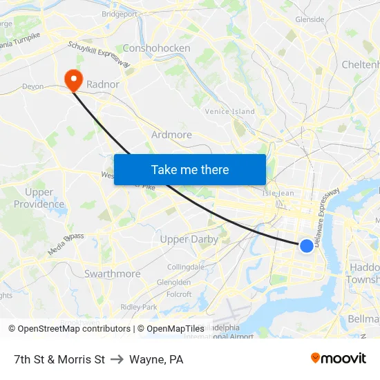 7th St & Morris St to Wayne, PA map