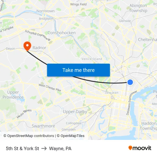5th St & York St to Wayne, PA map