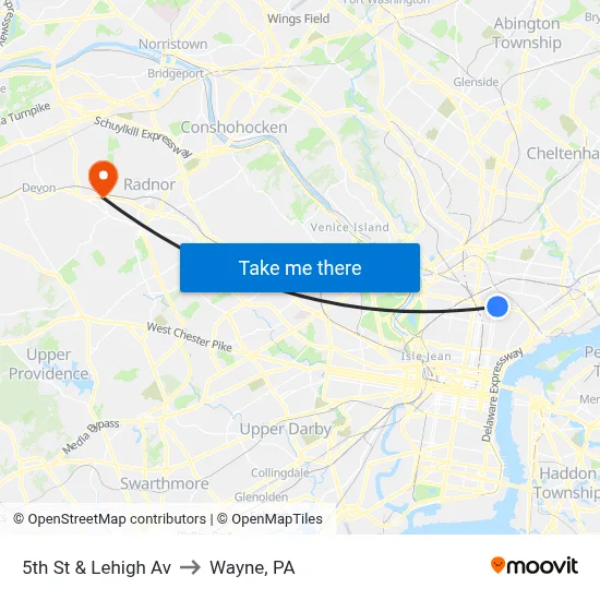 5th St & Lehigh Av to Wayne, PA map