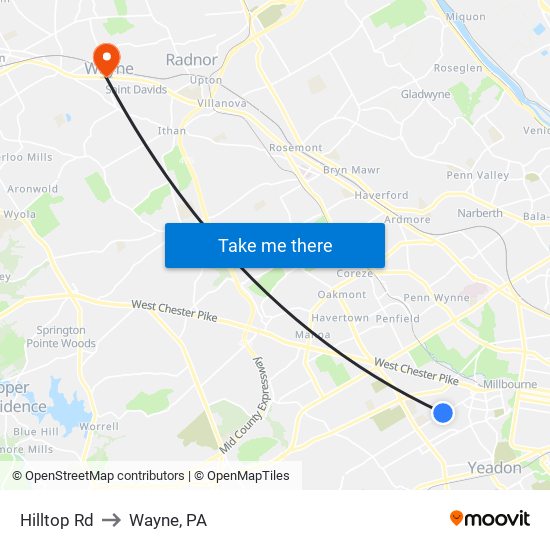Hilltop Rd to Wayne, PA map