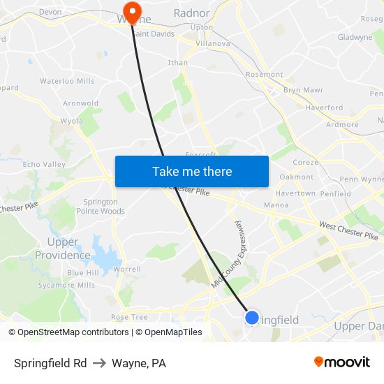 Springfield Rd to Wayne, PA map