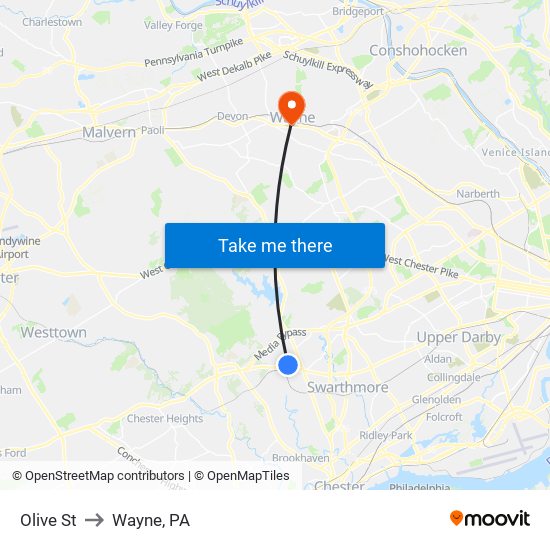 Olive St to Wayne, PA map