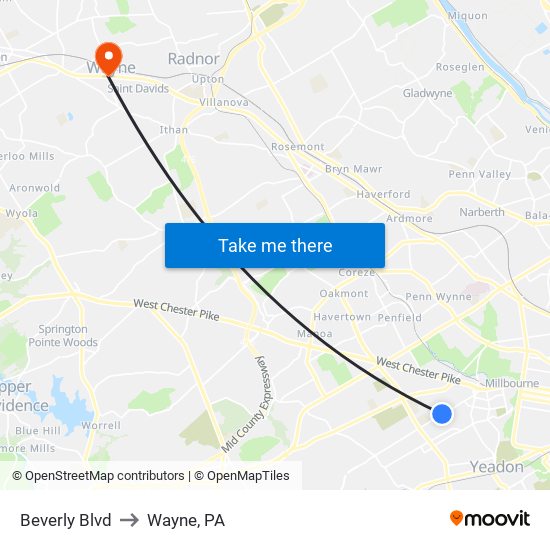 Beverly Blvd to Wayne, PA map