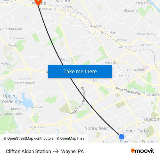 Clifton Aldan Station to Wayne, PA map