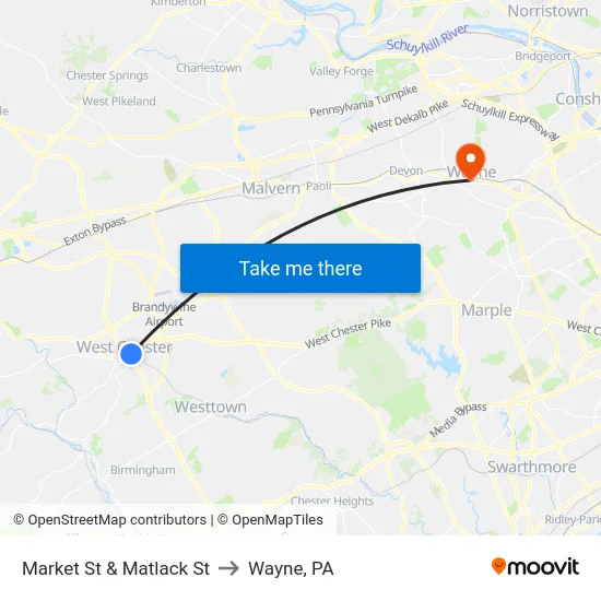 Market St & Matlack St to Wayne, PA map
