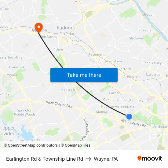 Earlington Rd & Township Line Rd to Wayne, PA map