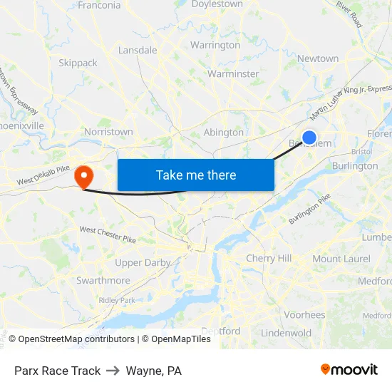 Parx Race Track to Wayne, PA map