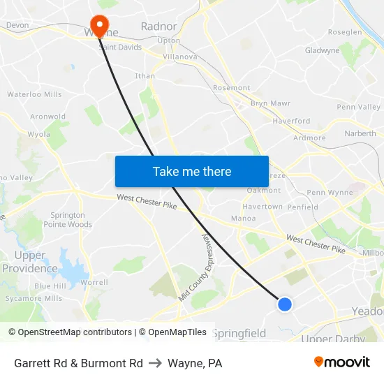 Garrett Rd & Burmont Rd to Wayne, PA map