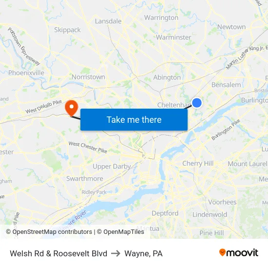 Welsh Rd & Roosevelt Blvd to Wayne, PA map