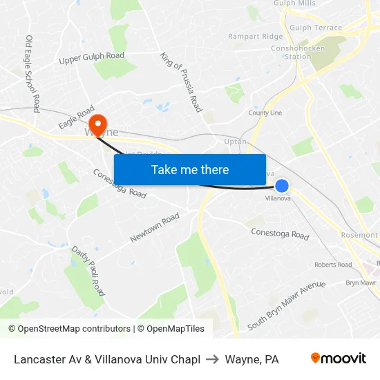 Lancaster Av & Villanova Univ Chapl to Wayne, PA map