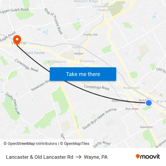 Lancaster & Old Lancaster Rd to Wayne, PA map
