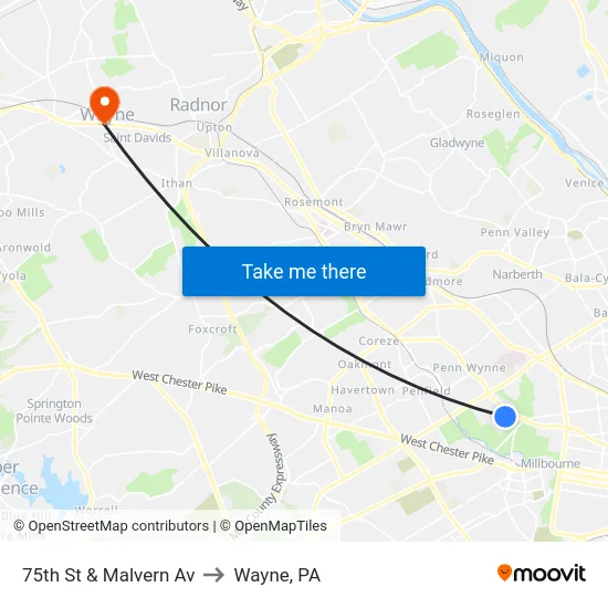 75th St & Malvern Av to Wayne, PA map