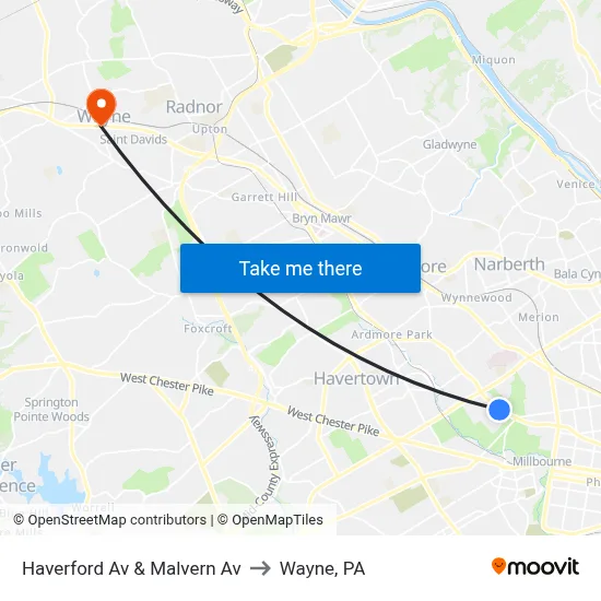 Haverford Av & Malvern Av to Wayne, PA map