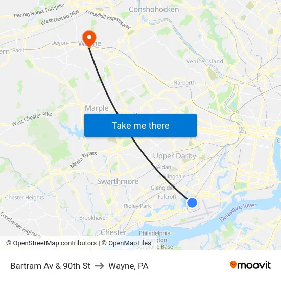 Bartram Av & 90th St to Wayne, PA map