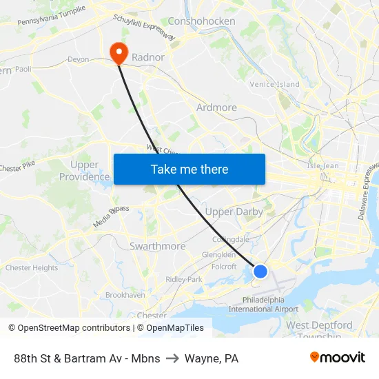 88th St & Bartram Av - Mbns to Wayne, PA map