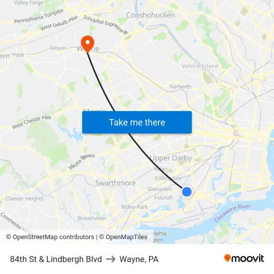 84th St & Lindbergh Blvd to Wayne, PA map