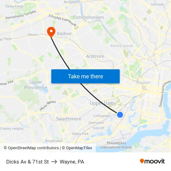 Dicks Av & 71st St to Wayne, PA map