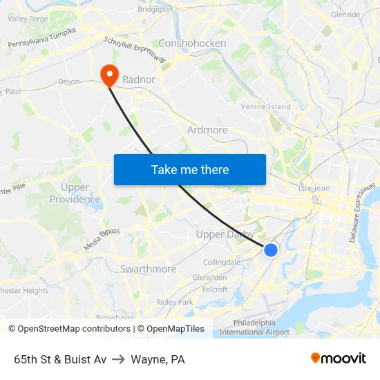 65th St & Buist Av to Wayne, PA map
